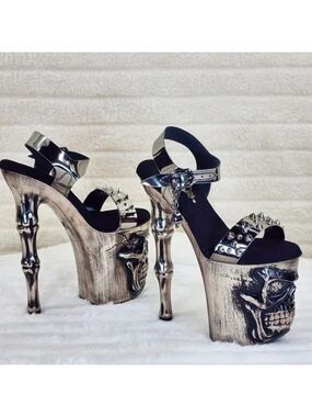 NIB Rapture Silver Pewter Spike Skull & Bones 8" High Heel Platform Shoes